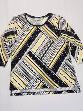 Christopher & Banks Women Geometric Patchwork Tunic Blouse Yellow Black ¾ Sleeve